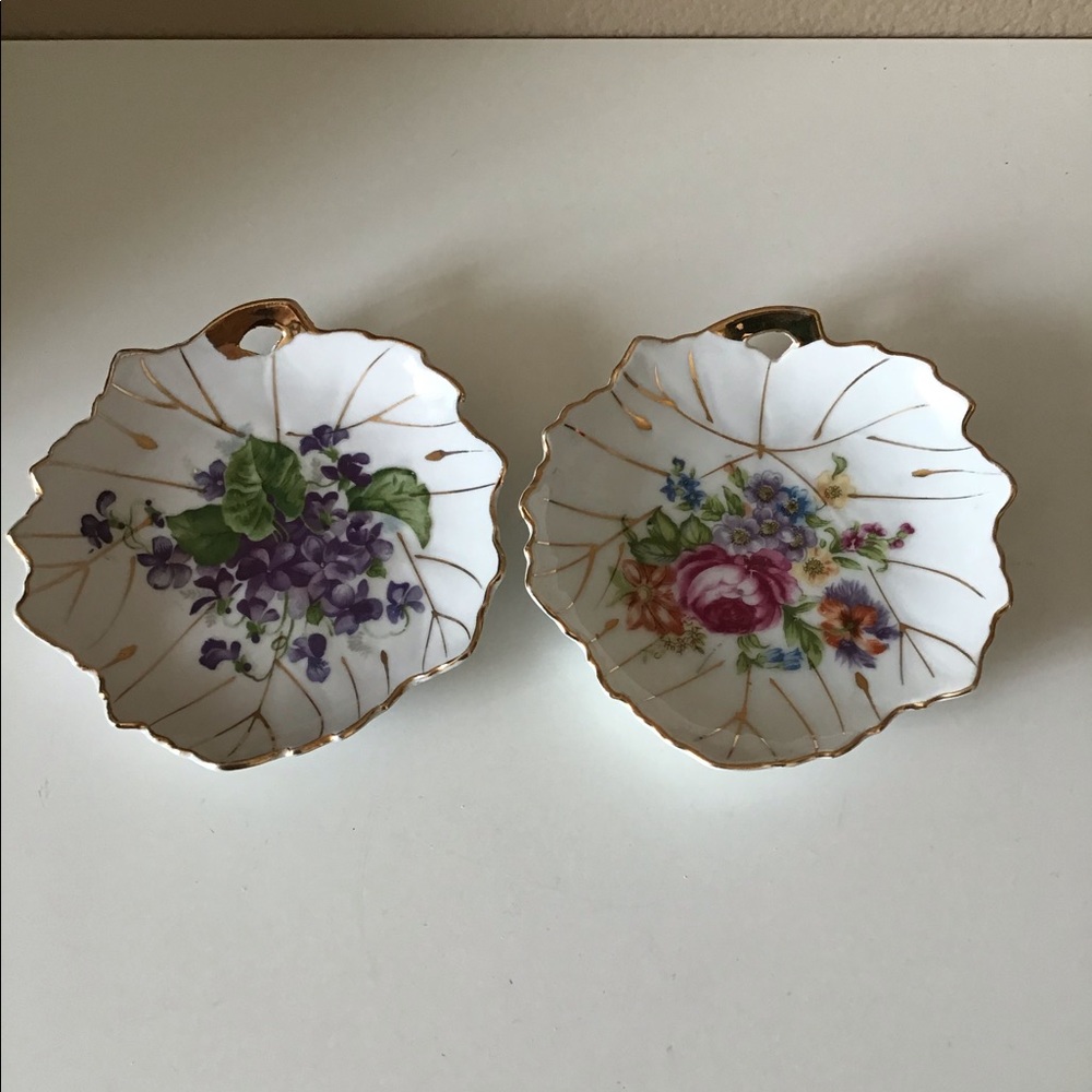 Pair Vintage fine china leaf Trinket dish